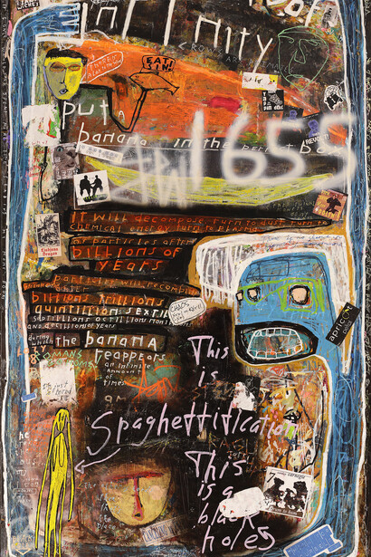 Clint Eccher, Uncomfortably outspoken mixed media on repurposed flooring (detail), 2024. Courtesy of Bitfactory Gallery 