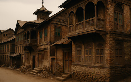 Traditional timber-framed houses line a quiet street in old Srinagar, showcasing Kashmir’s fading architectural heritage built from wood, stone, and centuries of craftsmanship