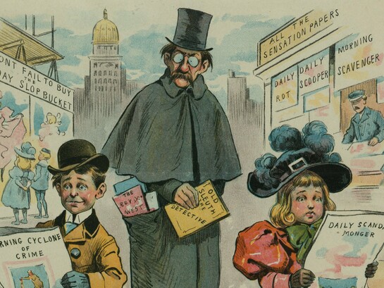 "El nuevo periodismo lo supera", caricatura de Samuel D. Ehrhart publicada en Puck Magazine, 1897