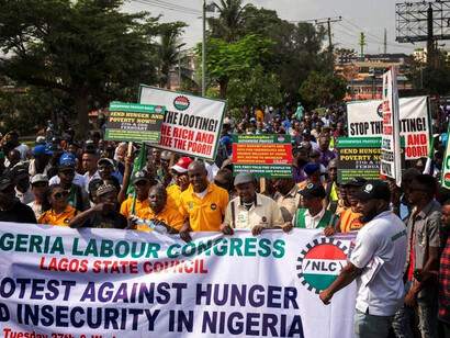 Nigeria Labor Congress (NLC) protest against the high cost of living and massive suffering following a hike in petrol and devaluation of the Naira in Lagos, Nigeria February 27, 2024 by  Reuters/Marvellous Durowaiye