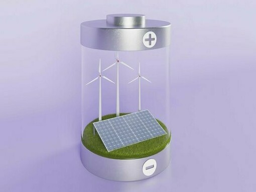 A stylized battery encases a miniature landscape with solar panels and wind turbines, representing the integration of renewable energy sources and energy storage solutions