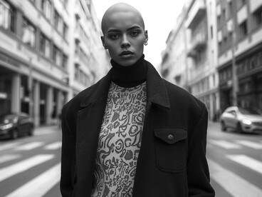 On the street, a model showcases genderless fashion with a coat