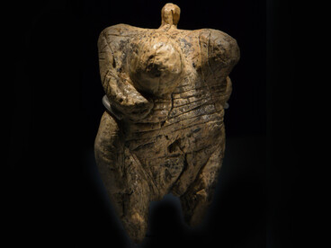 Venus from Hohle Fels, carved from mammoth ivory in the Late- or Upper Paleolithic Aurignacian period and discovered near Schelklingen, Germany. It has been dated to c. 40,000 to c. 35,000 years old