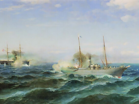 Rufin Sudkovsky – "Naval Battle Between Vesta and Fetkh-i Bulend," Black Sea, July 11, 1877: This dramatic seascape by Rufin Sudkovsky (1850–1885) captures the intense naval clash between the Russian steamer Vesta and the Ottoman ironclad Fetkh-i Bulend during the Russo-Turkish War