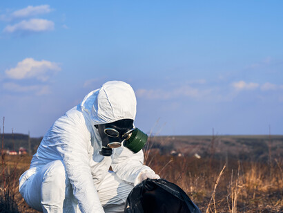 Male scientist conducting field research at a burned landscape near a nuclear site