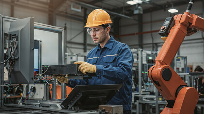 An engineer collaborates with a robotic assistant in a modern industrial facility, showcasing human-robot teamwork