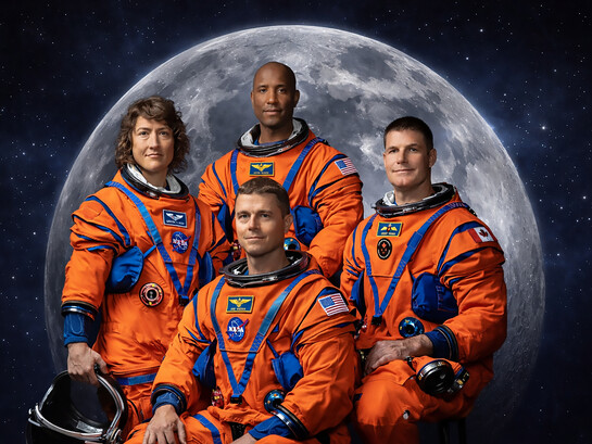 Reid Wiseman, Victor Glover, Christina Koch, and Jeremy Hansen, the crew of Artemis II, poised before the Moon as they prepare to resume humanity’s journey into deep space