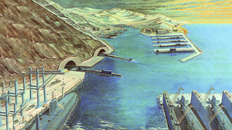 An artist's impression of a Soviet ballistic missile submarine base from the 1980s