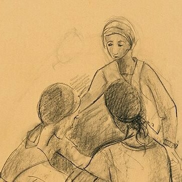 Karl Hofer, "Conversación entre mujeres", grafito sobre papel, 1927