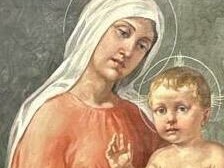 Pala d’altare raffigurante una Madonna in trono con Bambino e i Santi Cosma e Damiano, XIX secolo, ph. Istituto Restauro Roma. Dettaglio volto Madonna e Bambino