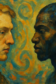 A symbolic portrayal of dialogue and identity—two figures face each other in a swirl of colors, reflecting the search for solidarity beyond division