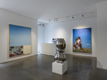 Phoebe Leech, Hidden boys, open blue, exhibition view. Courtesy of JD Malat Gallery