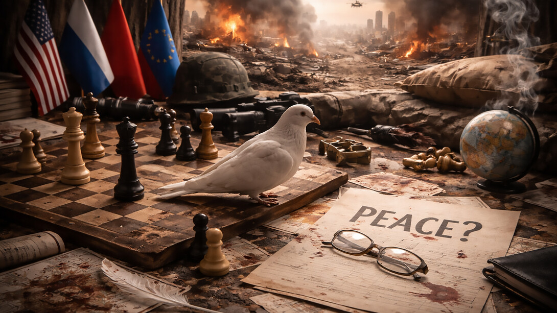 A symbolic still life of fragile peace, where conflict, power, and hope are held in uneasy balance