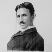 Paul Jacobsen, Nikola Tesla, 2015, Charcoal on paper in charred frame, 30 x 24 inches