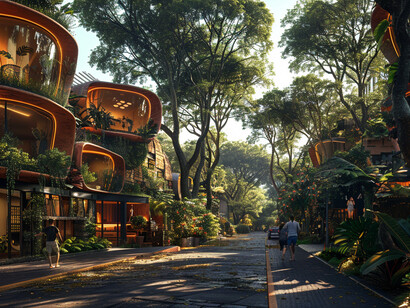 Un paesaggio urbano futuristico con edifici a più livelli integrati con alberi lussureggianti e vegetazione. Le strutture presentano linee curve e illuminazione calda, creando un'atmosfera armoniosa tra natura e architettura.Immagine generata con midjourney