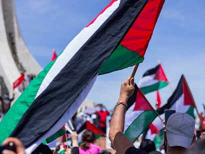 Les tunisiens brandissant lors d'une manifestation à Tunis (Tunisie) les drapeaux Palestiniens en l'honneur de son peuple