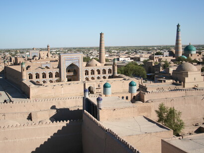 Itchan Kala, the ancient walled heart of Khiva, Uzbekistan, holds more than 50 monuments and hundreds of old homes within its sunlit walls. The Juma Mosque, first built in the tenth century and rebuilt in 1788–1789, remains one of its most timeless landmarks