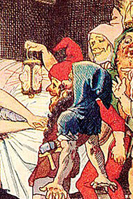 Snow White slumbers upon the bed, while the Seven Dwarfs patiently await her awakening