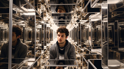 Uomo in un labirinto di specchi e riflessi, con un'espressione confusa