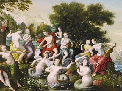 Maerten de Vos (1532–1603) "Las Nueve Musas con Apolo recortando las alas de una Sirena"
Óleo sobre tabla, Colección privada, EE. UU.