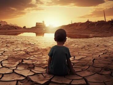 A lone child sits on cracked, barren earth beneath a fading sky, a haunting reflection of a world paralyzed by environmental collapse and systemic inaction