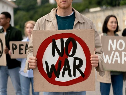 A crowd of anti-war demonstrators gathered in solidarity, representing the silent majority resisting the logic of escalation