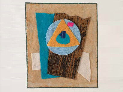 Salvatore Meo, (lite blue circle, orange triangle) primo gruppo n. 3 1966, tessuti su legno dipinto, in cornice dell’epoca cm. 46 x 37