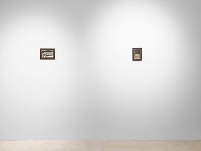 Justin Bradshaw, 9 paintings of drapery and eggs, exhibition view. Courtesy of Spazio Amanita