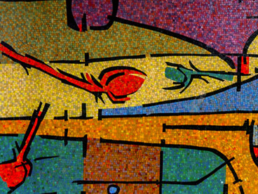 Un elemento - Personaje vertical en evolución horizontal (detalle). Mural de Oswaldo Vigas, edificio del Rectorado, Universidad Central de Venezuela, Caracas