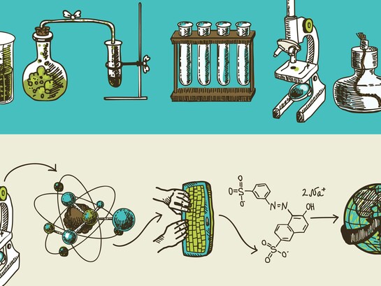 Illustrazione disegnata a mano che mostra attrezzature di laboratorio (come provette e microscopio) nella parte superiore, e un flusso di lavoro scientifico che include atomi, microscopi, una formula chimica e un globo nella parte inferiore