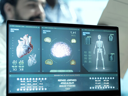 Medical cabinet in a private clinic with a laptop used for AI-assisted diagnostics and accuracy comparison between AI and clinicians