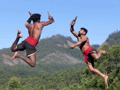 A dynamic display of Kalaripayattu, Kerala’s traditional martial art, rooted in centuries-old discipline