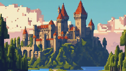 A pixel art video game featuring a medieval castle