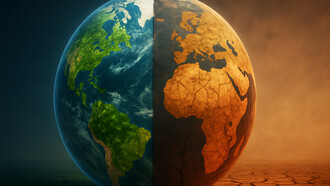 A planet divided: one half teeming with life, the other scorched by imbalance—echoing the urgent call to restore harmony
