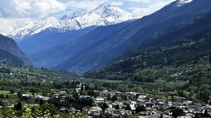Mont Blanc, towering above the Val d’Aosta region, provides a majestic backdrop to the ancient village of Morgex © Donatella Polizzi