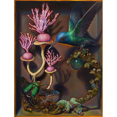 Kevin King, Diorama with Pink Coral, 2013, Oil on copper plate. Work size: 8 1/4 x 6 1/4 inches, 21 x 15.9 cm. Framed size: 13 1/4 x 11 1/2 inches, 33.7 x 29.2 cm