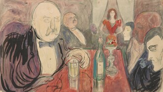 Edvard Munch, "Kristiania Bohemians II", acquerello raffigurante Christian Krohg, Oda Krohg e Jørgen Engelhart (primo marito di Oda) in un caffè a Parigi, 1895, Munchmuseet, Oslo, Norvegia