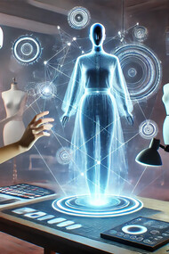 Futuristic fashion design studio where virtual reality meets creativity: A designer, equipped with a VR headset, brings digital clothing models to life, blending technology with cutting-edge style