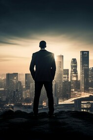 A lone man in a suit contemplates the skyline—consumerism’s temple and modernism’s battlefield, where freedom and conformity quietly collide