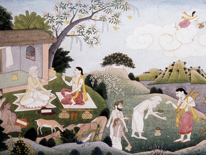 The youthful sage Narada at the white-bearded Valmiki's hermitage