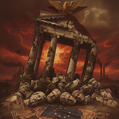 A realistic, artistic commentary on the decay of democratic institutions under the shadow of resurgent authoritarianism and exclusionary nationalism. The past, revered and weaponized, overwhelms the present