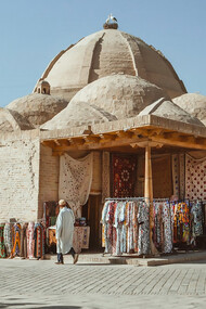 Traditional street photography in Bukhara, Uzbekistan, showcasing vibrant local shops and unique architecture