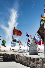 The salt flat gathering spot, with flags visitors left behind, Potosí, Bolivia