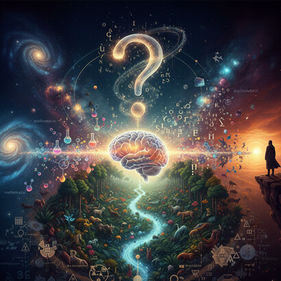 Universal Naturalist worldview where disparate domains of reality—from galaxies and mathematics to the brain and culture—are shown as fundamentally interconnected through a luminous flow, all culminating in the central, unanswered enigma of their essential continuity