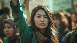 A young woman raising her hand in a call for change, representing how youth guide discussions where traditional politics often chooses to remain silent