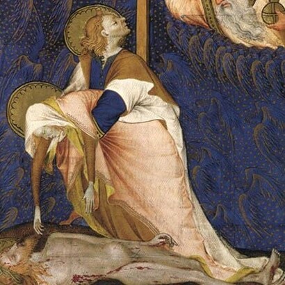 Maestro di Rohan, “Compianto della Vergine”, dalle Ore della Croce. La Vergine addolorata non può essere consolata da Giovanni, l'Apostolo, che guarda sgomento un Dio addolorato, 1435