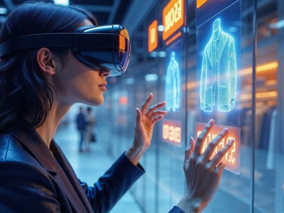 Engaged in a holographic retail environment, she embodies the evolution of fashion into the realms of the metaverse and e-commerce