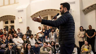 Zohran Mamdani speaking at a DSA 101 meeting at the Church of the Village in New York City, US