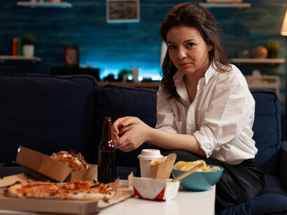 Relaxing on the couch, a woman indulges in binge eating as she watches TV