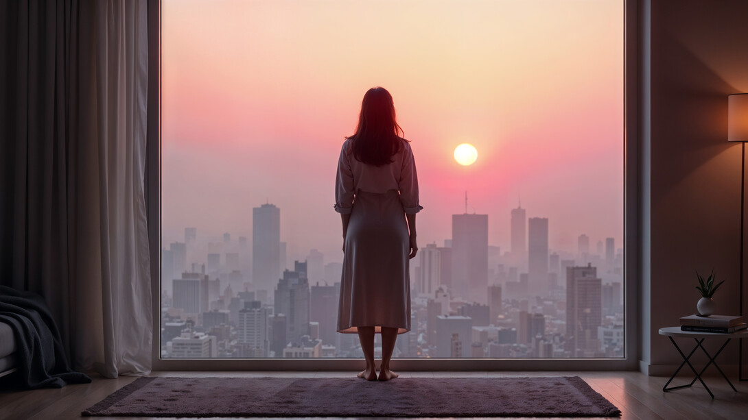 A woman watching the sun set over the city, representing pause as a form of strength